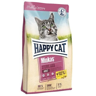 غذای خشک گربه 500 گرمی هپی کت عقیم شده با طعم مرغ مینکاس HAPPY CAT STERILISED Minkas