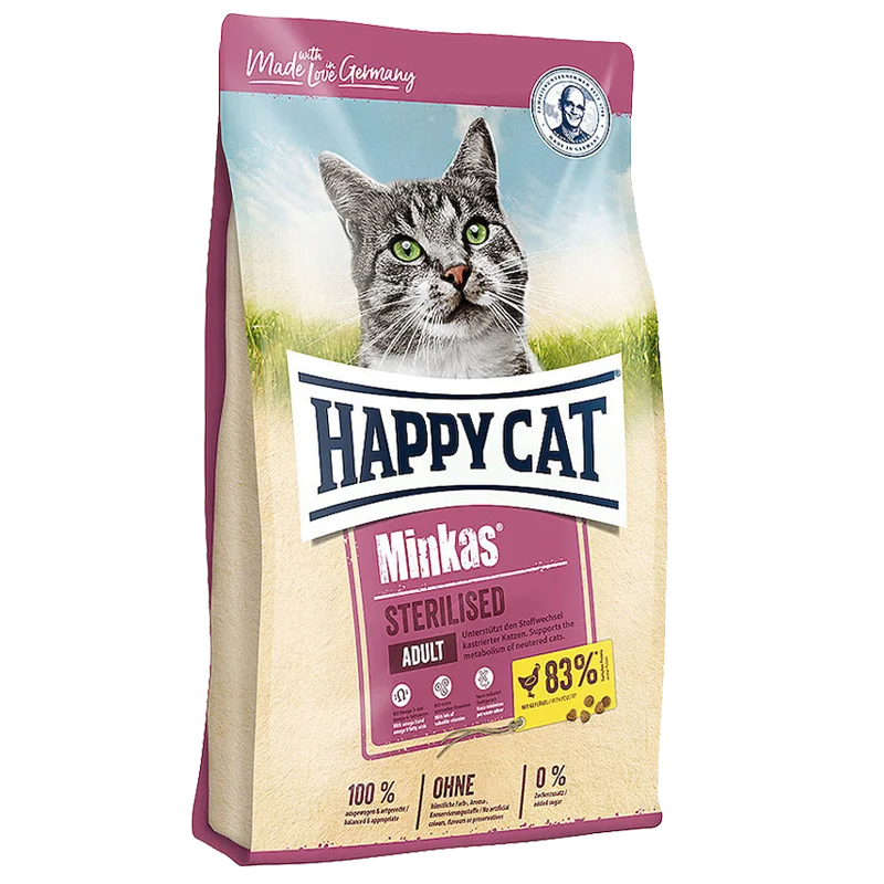 غذای خشک گربه 500 گرمی هپی کت عقیم شده با طعم مرغ مینکاس HAPPY CAT STERILISED Minkas