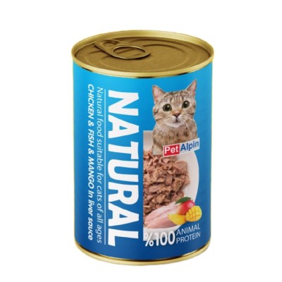 کنسرو گربه پت الپین نچرال مرغ و ماهی و انبه در سس جگر 400 گرمی