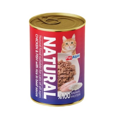 کنسرو گربه پت الپین نچرال مرغ و ماهی و برنج در سس گوشت 400 گرمی